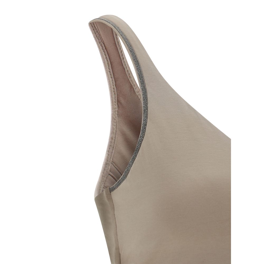 Beige Cotton Sleeveles T-Shirt