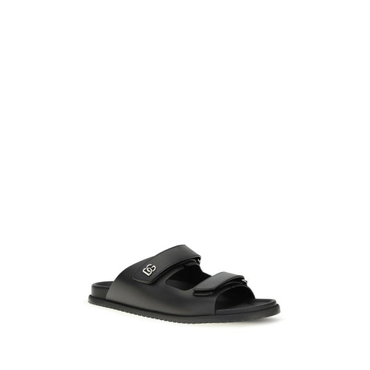 Black Calf Leather Bos Taurus Flat Sandals