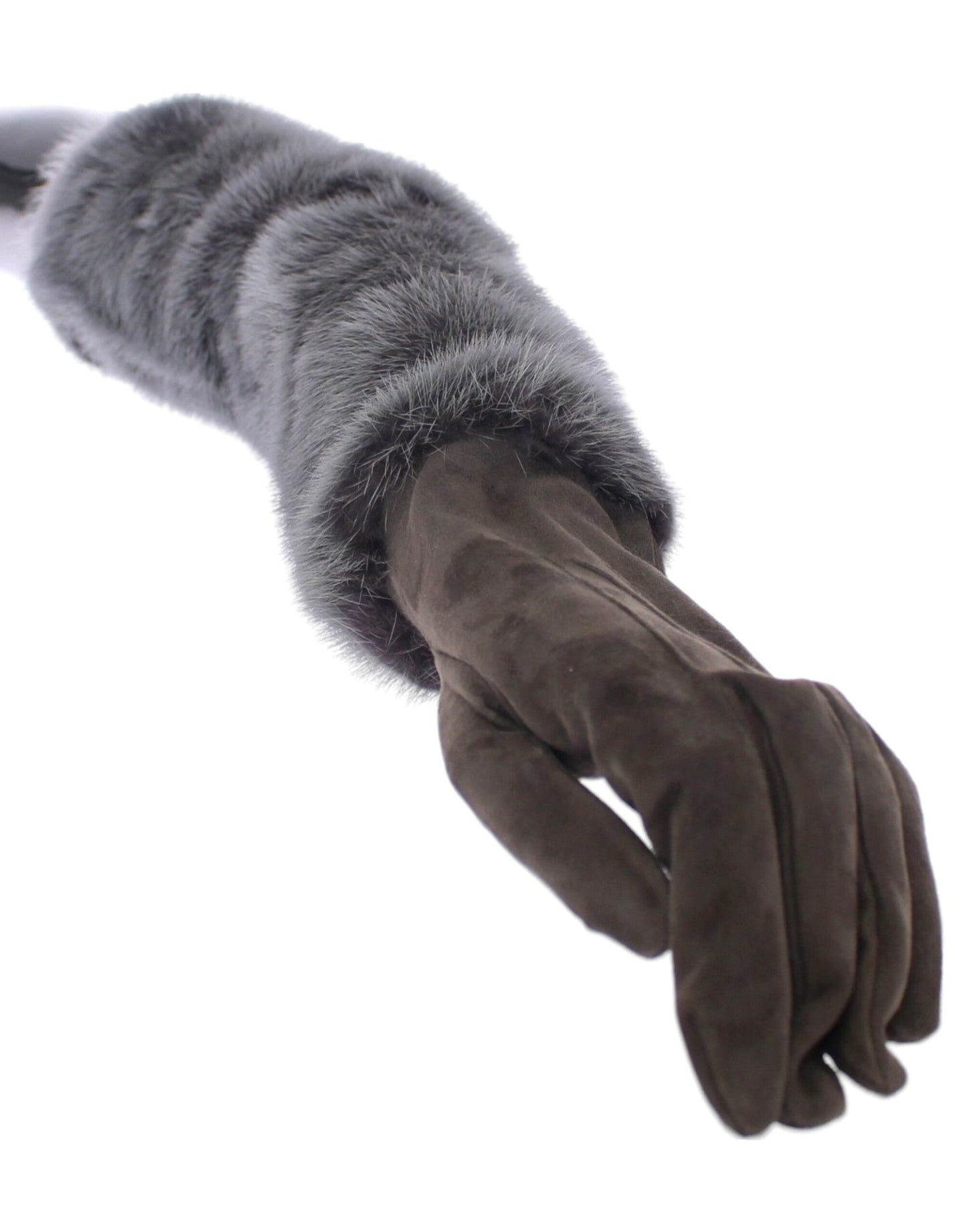 Elegant Gray Mink Fur Leather Elbow Gloves