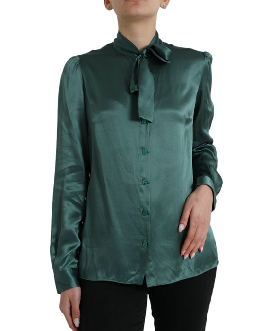 Dark Green Silk Ascot Collar Blouse Top