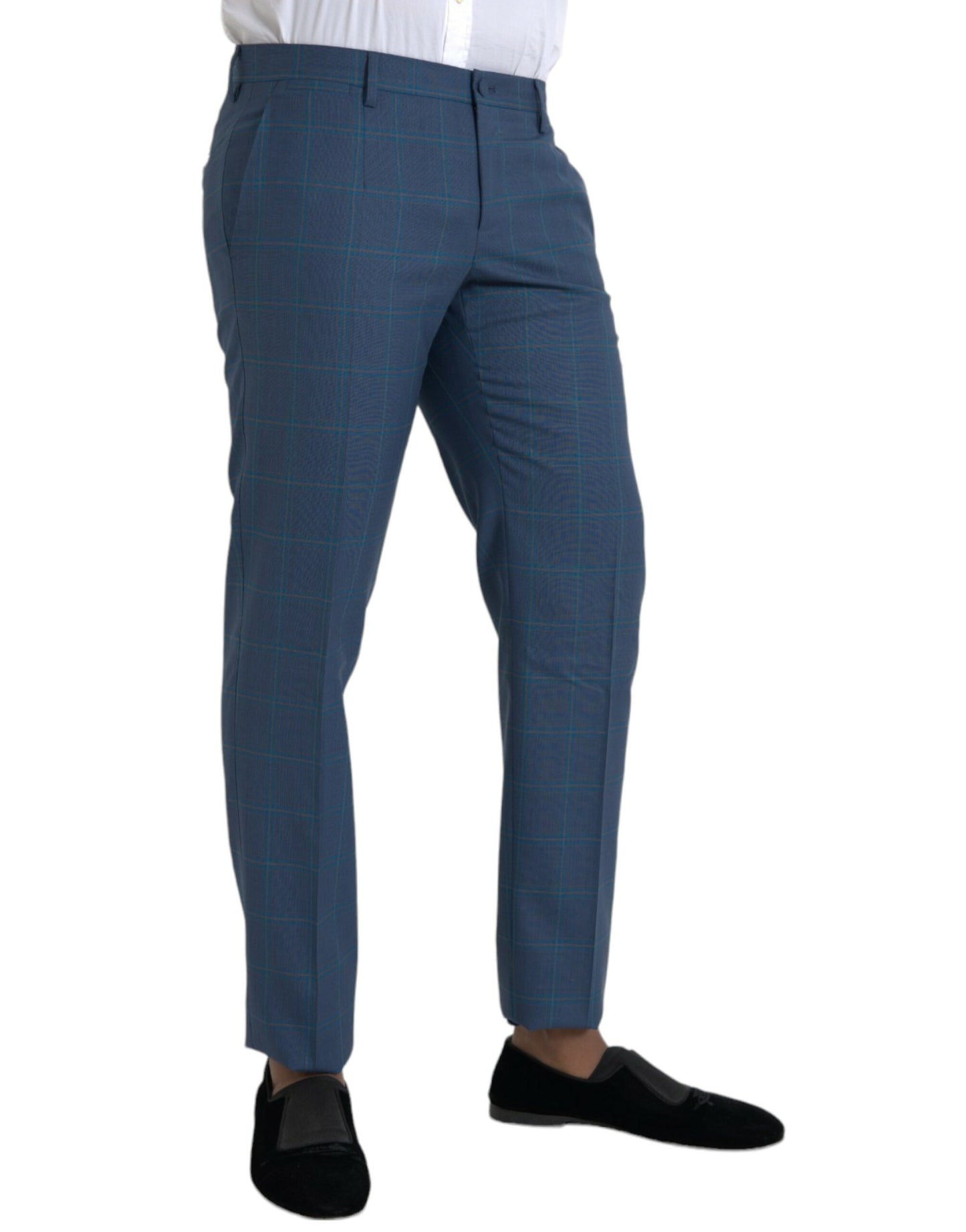 Blue Checkered Wool Men Dress Pants