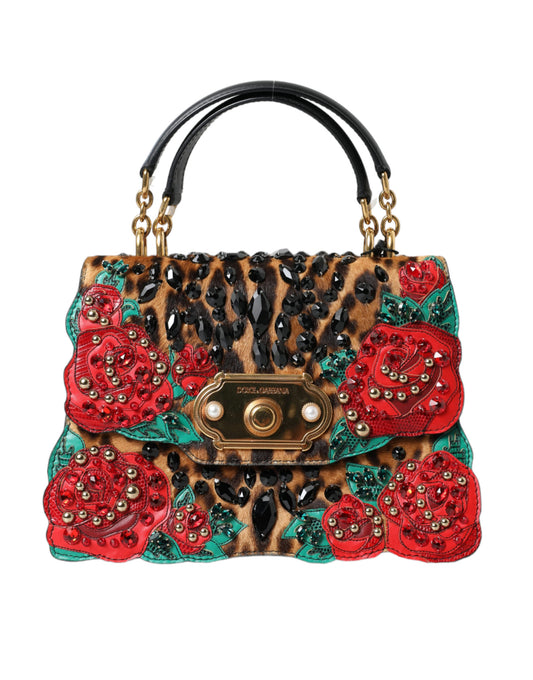 Chic Leopard Embellished Tote with Red Roses