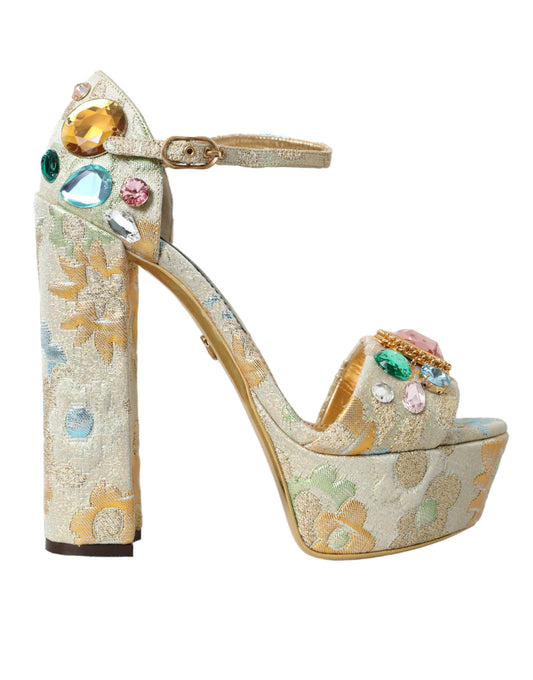 Gold Floral Jacquard Crystal Sandals Shoes