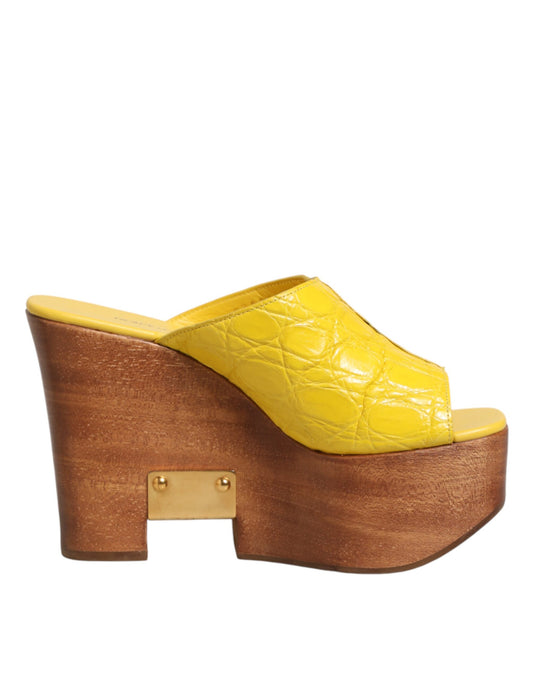 Yellow Leather Wood Mule Wedge Slides Shoes