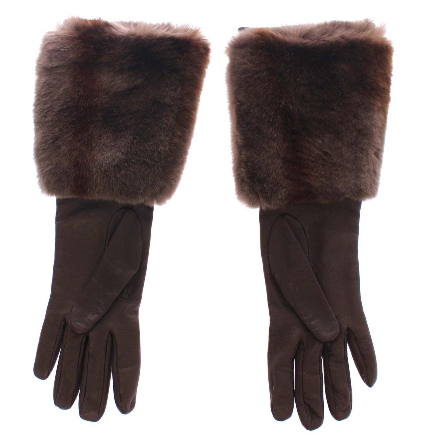 Brown Rabbit Fur Lambskin Leather Gloves Silk