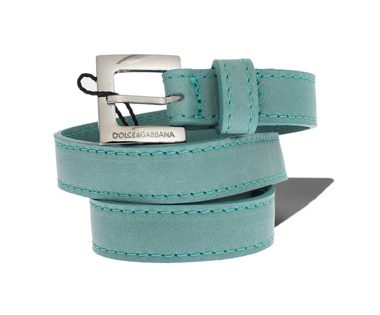 Green Leather Silver Buckle Logo Belt