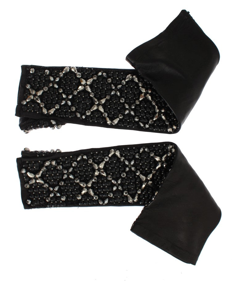 Elegant Black Crystal Beaded Leather Gloves
