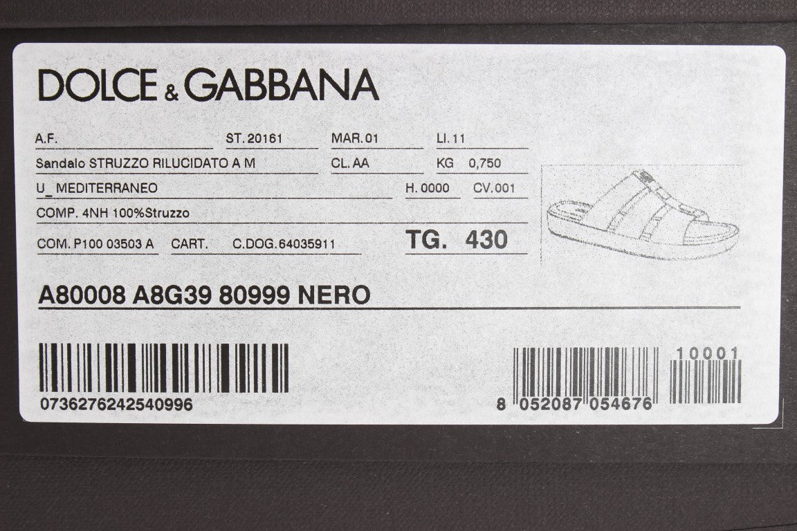 Black Ostrich Leather Slides Sandals