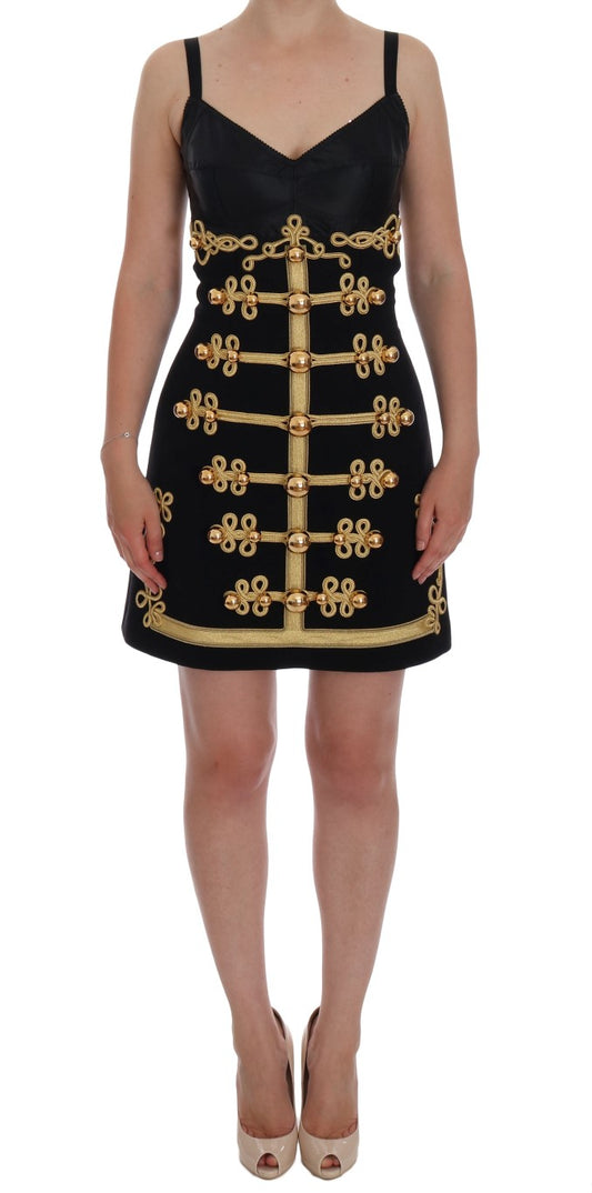 Elegant Black A-Line Sleeveless Dress with Gold Details