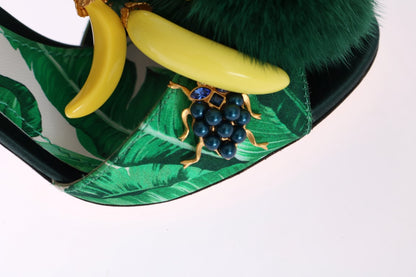 Dolce & Gabbana Banana Leafs Crystal Fur Sandals