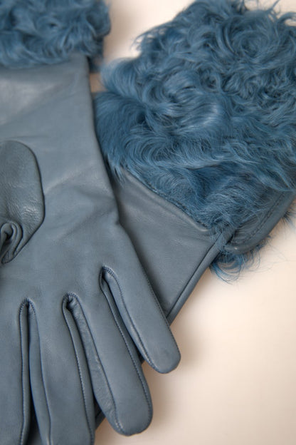 Elegant Blue Leather Gloves with Fur Trim