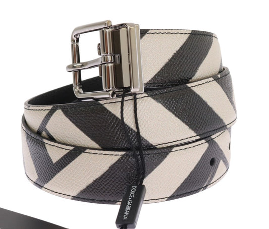 Black White Striped Leather Belt