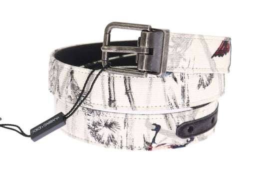 White Denim Bird Print Leather Belt