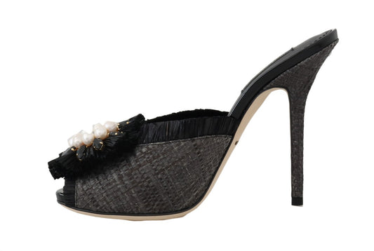 Black Straw Open Toes Crystal Sandals