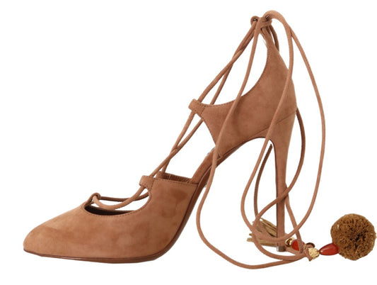 Dolce & Gabbana Beige Suede Tassel Ankle Strap Pumps