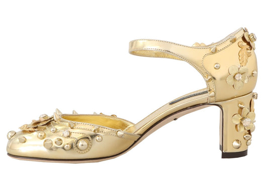Gold Leather Floral Studded Pumps