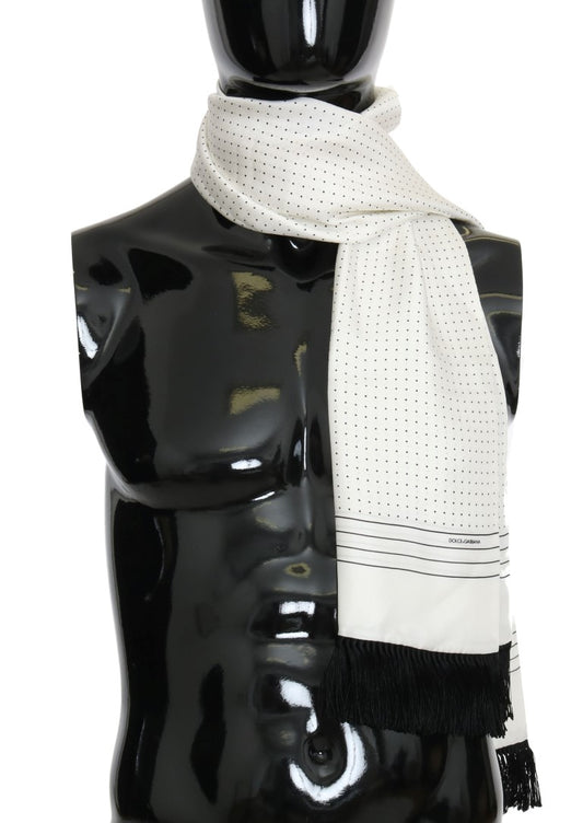 White Polka Dotted Silk Fringes Scarf