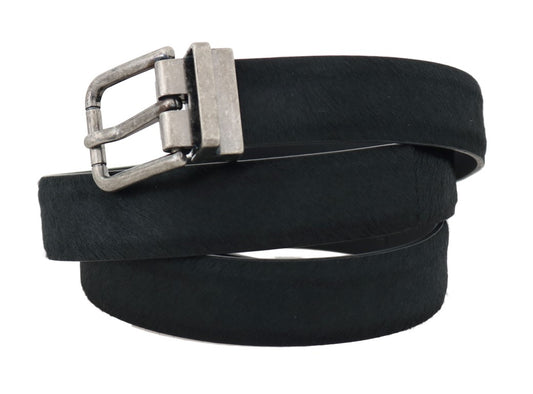 Black Leather Fur Silver Buckle Belt