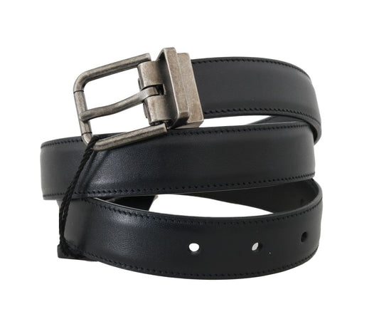Black Leather Gray Brushed Buckle Belt