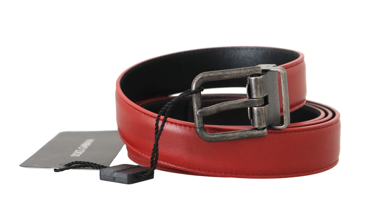 Dolce & Gabbana Red Leather Gray Brushed Buckle Mens Belt