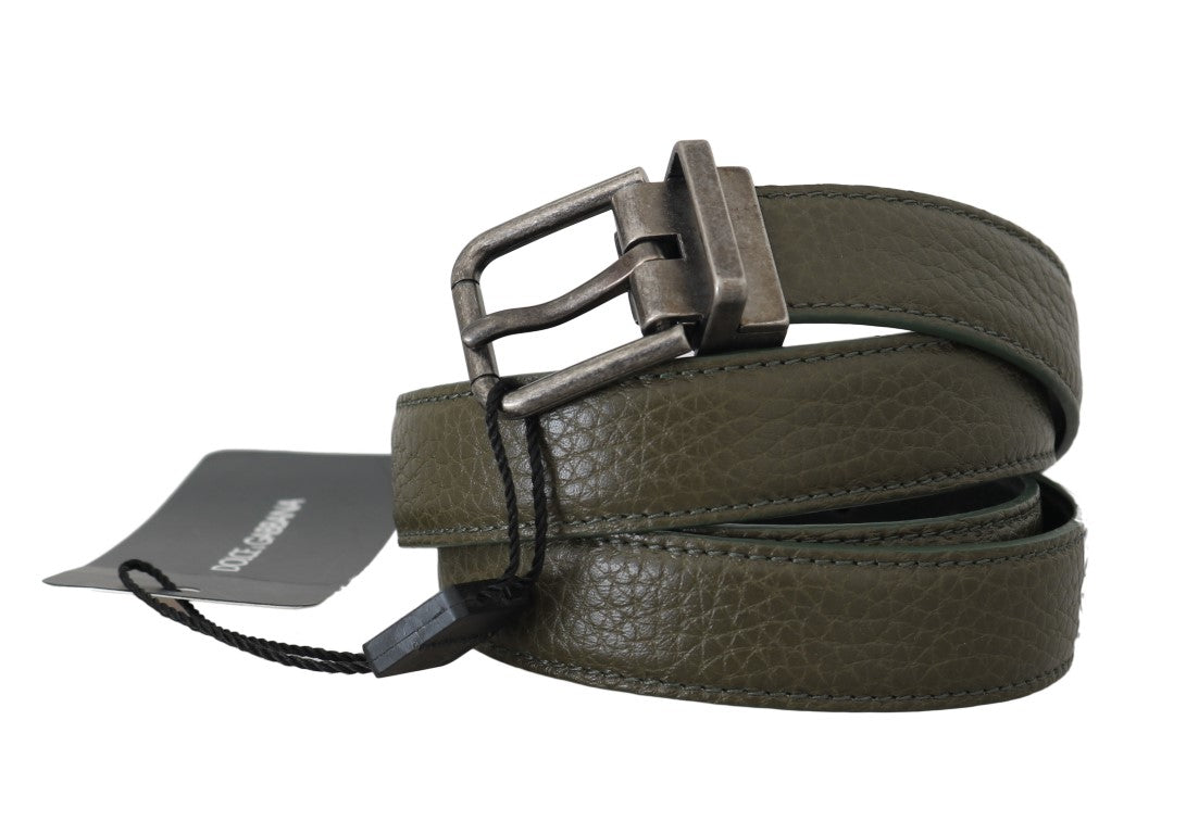 Green Patterned Leather Brushed Buckle Belt