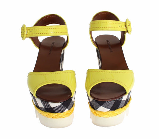 Yellow Leather Check Wedges Platform