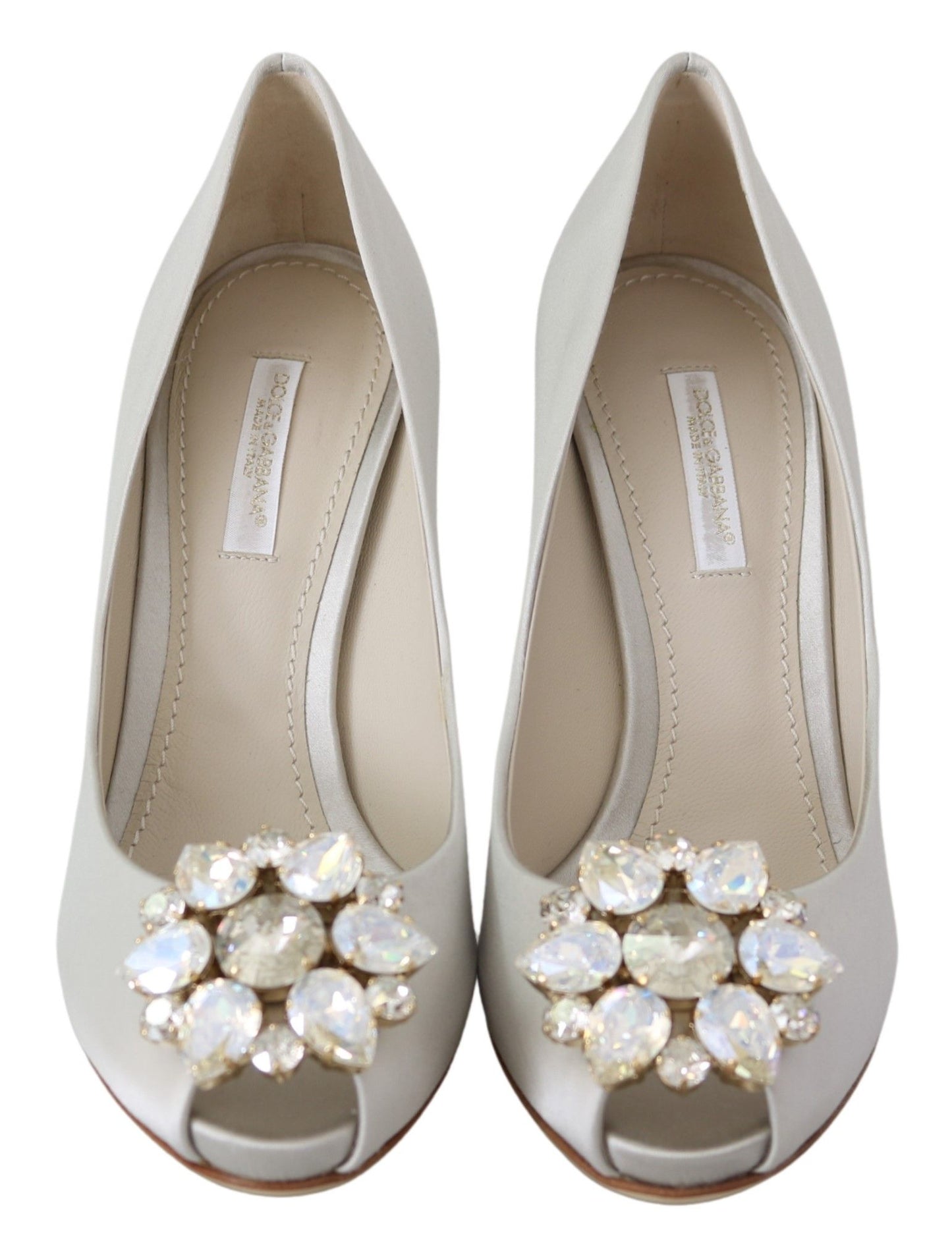 White Crystal Peep Toe Silk Blend Heels