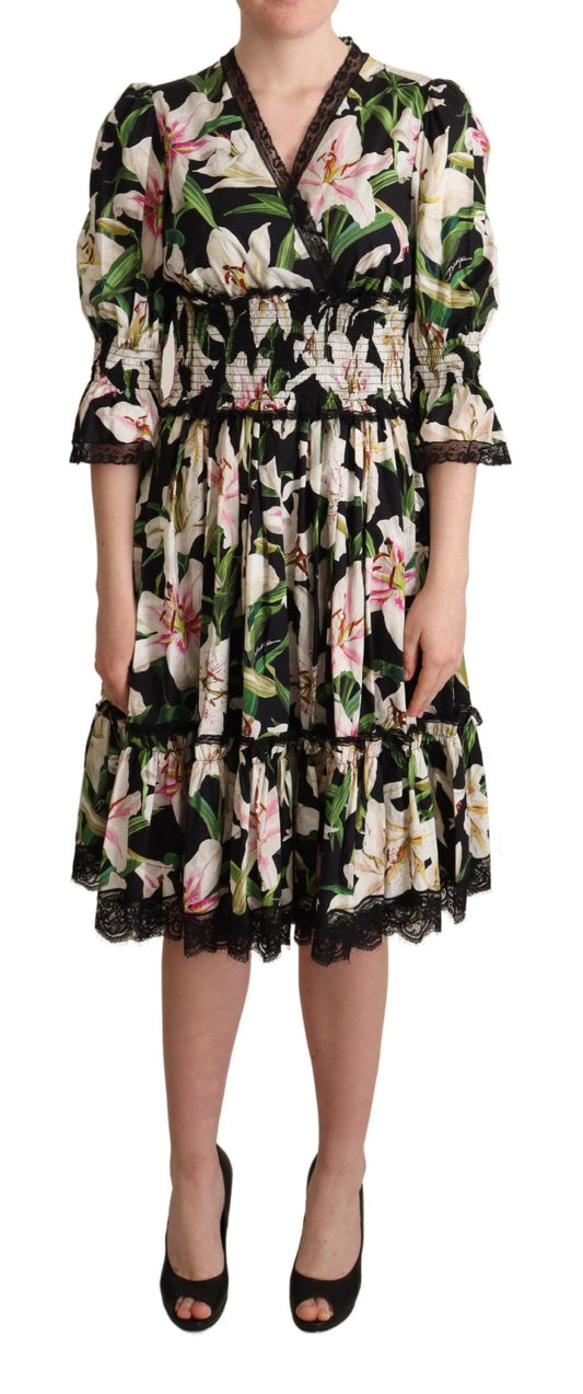 Elegant Lily Print Midi Dress with Lace Trim