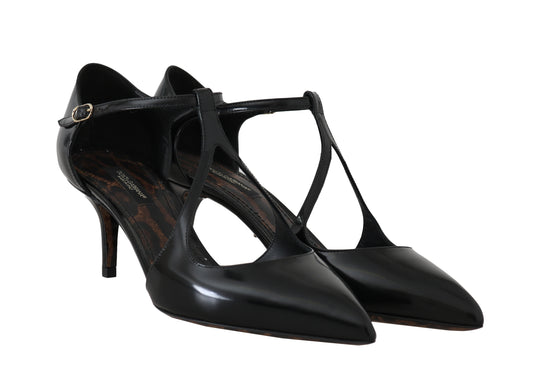 Black Leather T-Strap Sandals