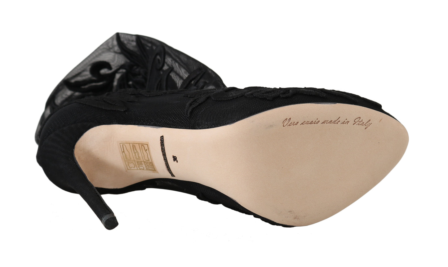 Black Floral Lace Booties Heels