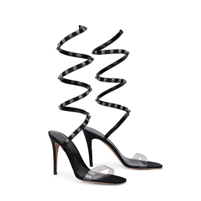 Black Lamb Leather Stiletto Heel Sandals