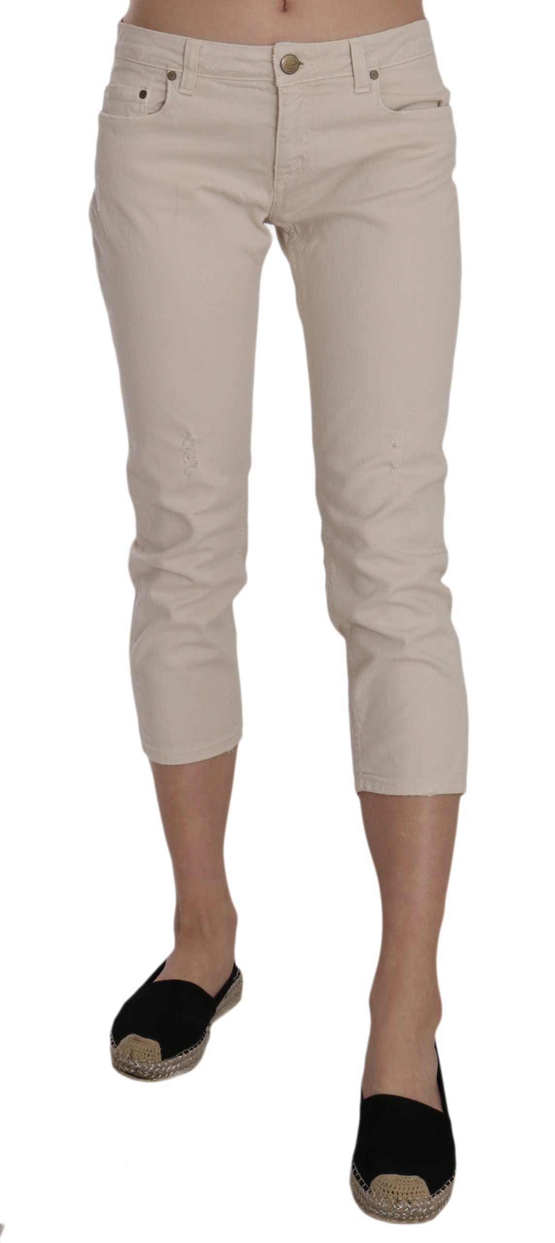 Beige Low Waist Skinny Cropped Capri Pants