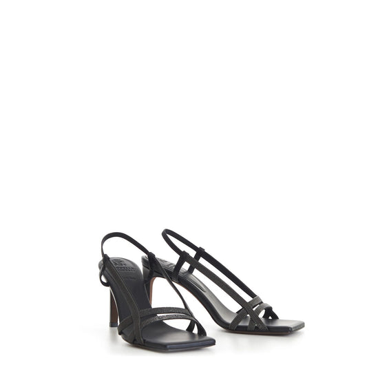 Black Leather Stiletto Heel Sandals
