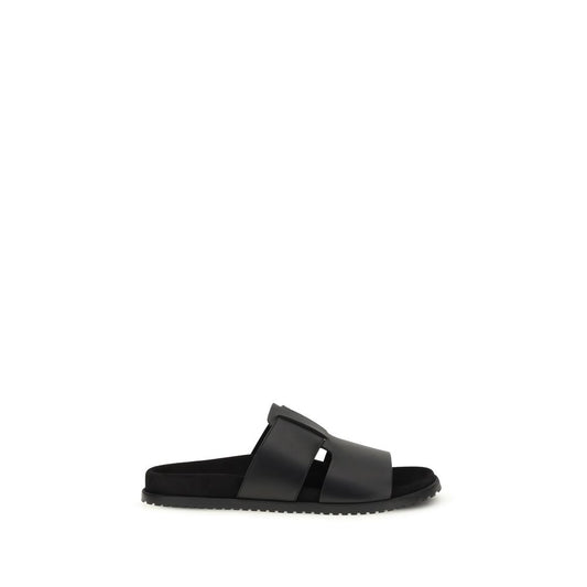 Black Calf Leather Bos Taurus Flat Sandals