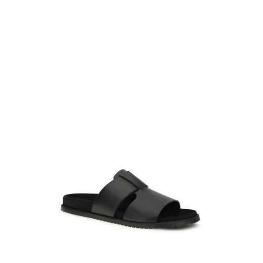 Black Calf Leather Bos Taurus Flat Sandals