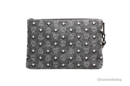 MCM Veritas Medium Dark Grey Denim Monogram Logo Canvas Clutch Pouch Handbag