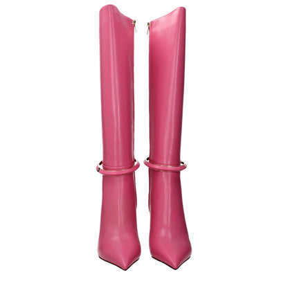 Pink Leather High Heel Boots