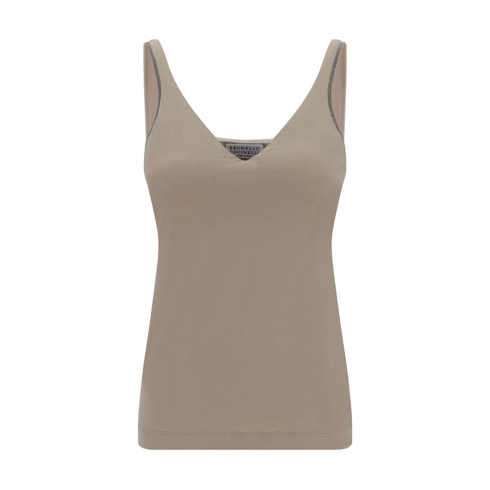 Beige Cotton Sleeveles T-Shirt