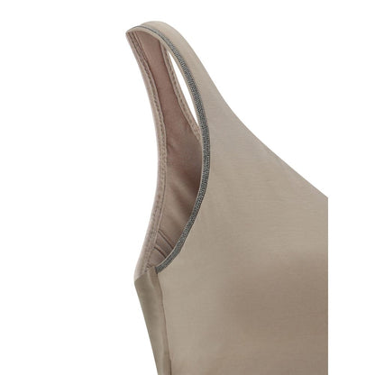 Beige Cotton Sleeveles T-Shirt