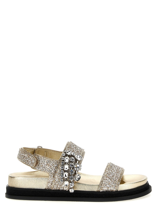 Gold Textile Flat Sandals