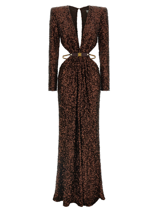 Brown Polyester Long Dress