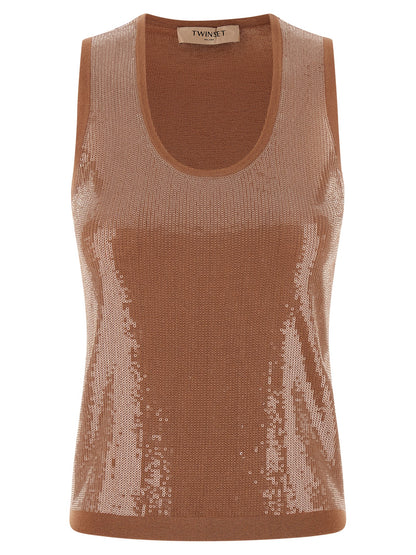 Brown Cotton Sleeveles T-Shirt