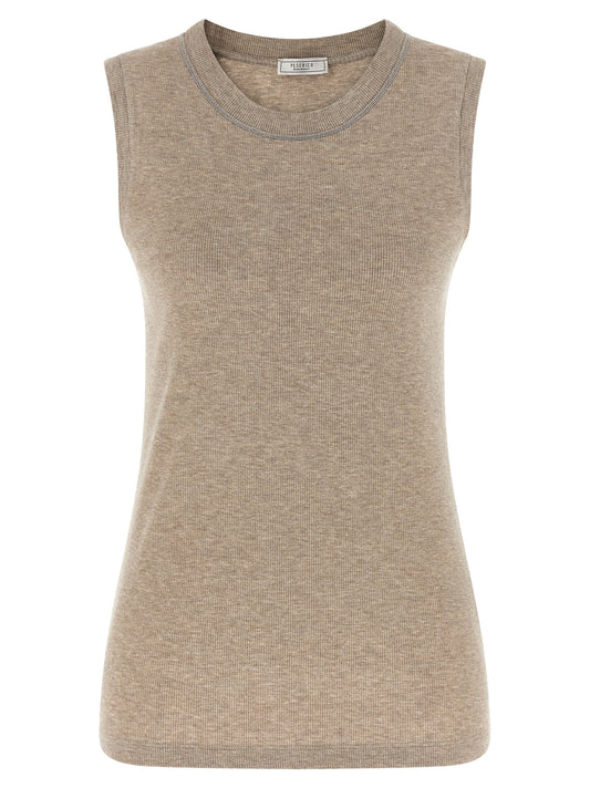 Beige Viscose Sleeveles T-Shirt