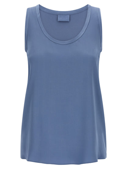 Blue Silk Sleeveles T-Shirt
