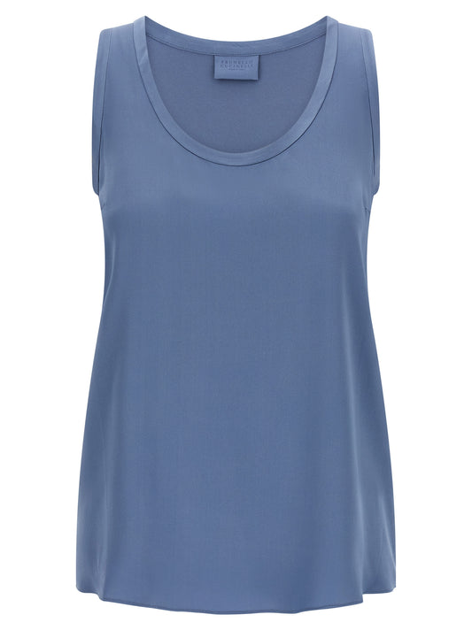 Blue Silk Sleeveles T-Shirt