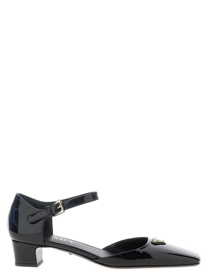 Black Cowhide Mid Heel Pumps