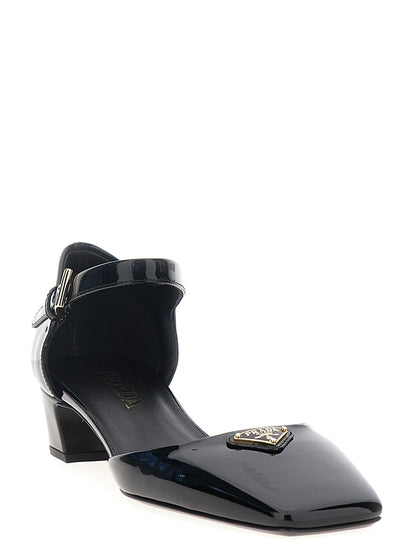 Black Cowhide Mid Heel Pumps