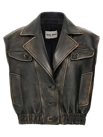 Brown Lamb Leather Sleeveless Jacket