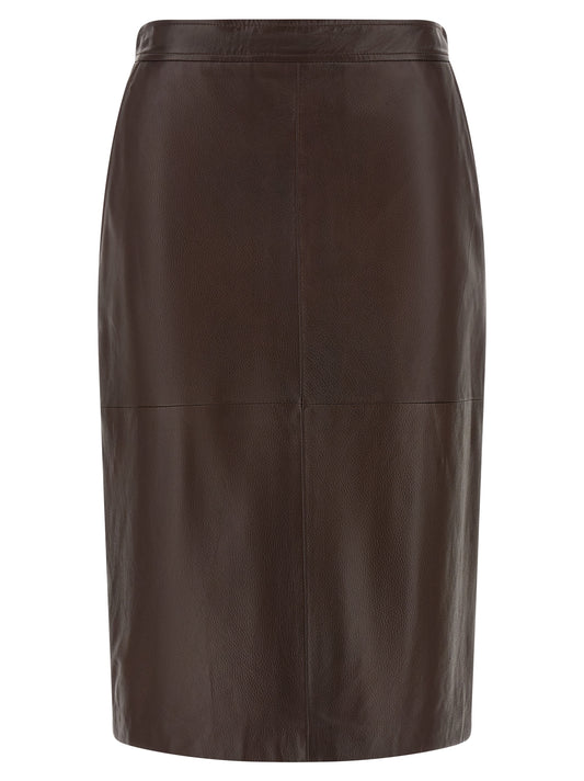 Brown Lamb Leather Midi Skirt