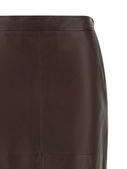 Brown Lamb Leather Midi Skirt